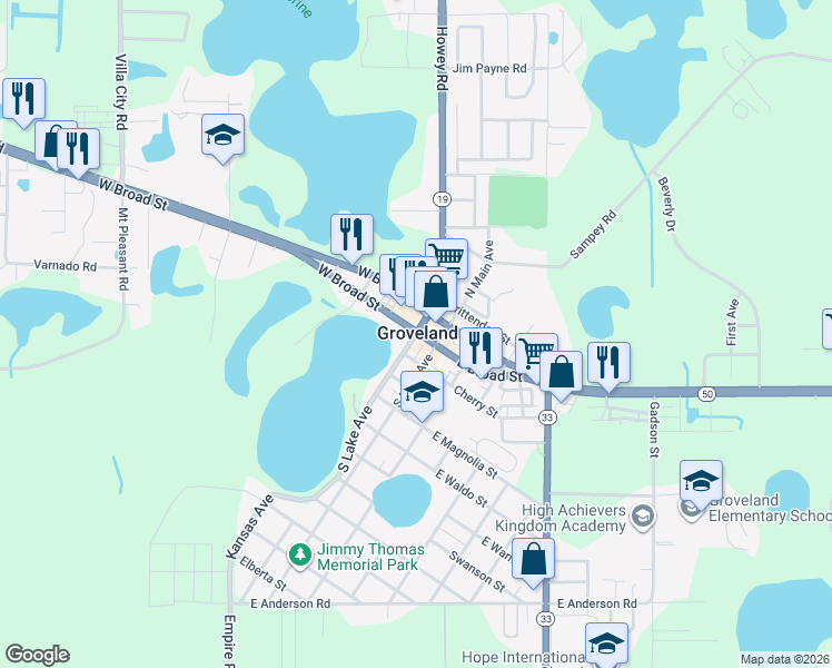 map of restaurants, bars, coffee shops, grocery stores, and more near in Groveland