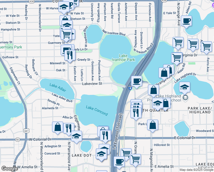 map of restaurants, bars, coffee shops, grocery stores, and more near 320 Lakeview Street in Orlando