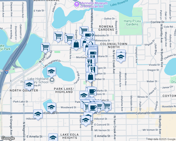 map of restaurants, bars, coffee shops, grocery stores, and more near 1024 North Mills Avenue in Orlando