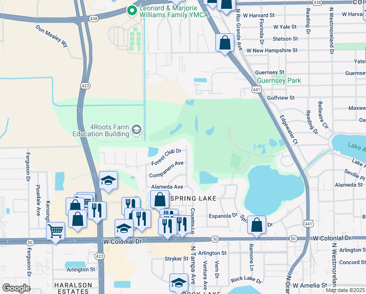 map of restaurants, bars, coffee shops, grocery stores, and more near 1410 Country Lane in Orlando