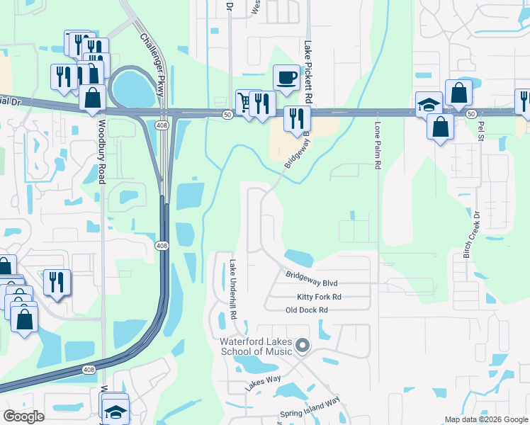 map of restaurants, bars, coffee shops, grocery stores, and more near 1061 Drift Creek Cove in Orlando