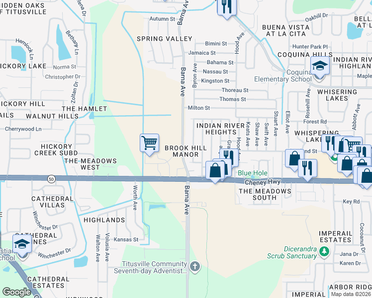 map of restaurants, bars, coffee shops, grocery stores, and more near 4507 Barna Avenue in Titusville