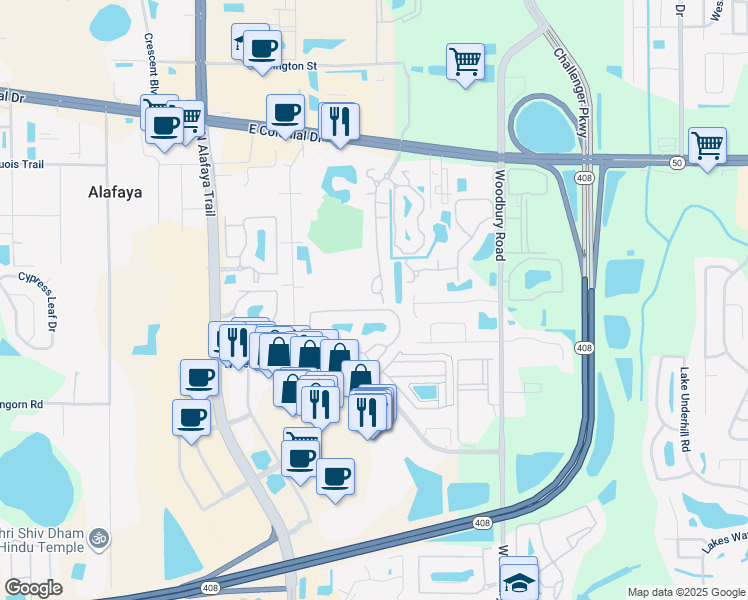 map of restaurants, bars, coffee shops, grocery stores, and more near 1500 River Reach Drive in Orlando