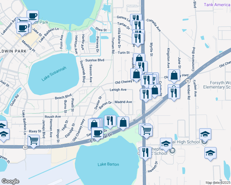 map of restaurants, bars, coffee shops, grocery stores, and more near 1017 Shoreview Drive in Orlando