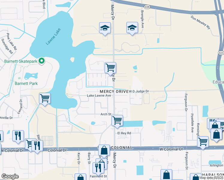 map of restaurants, bars, coffee shops, grocery stores, and more near 4203 Wd Judge Drive in Orlando