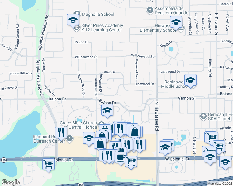 map of restaurants, bars, coffee shops, grocery stores, and more near 7129 Ironwood Drive in Orlando