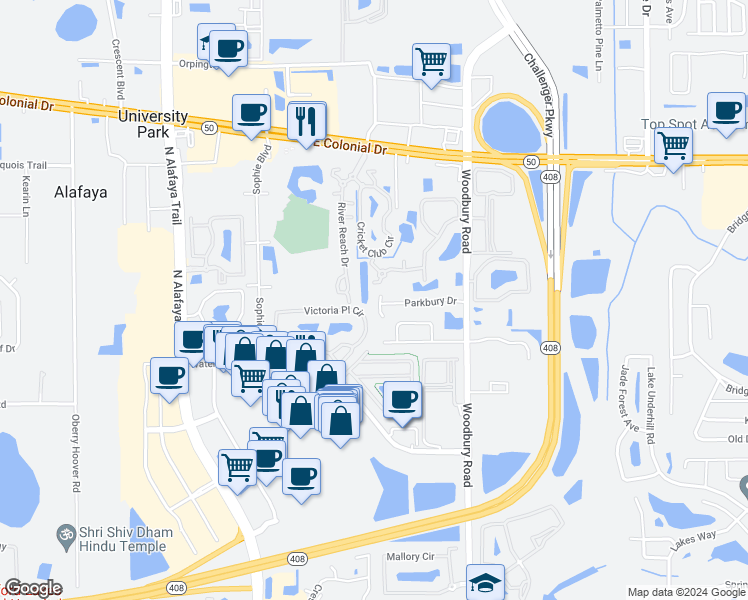 map of restaurants, bars, coffee shops, grocery stores, and more near 12605 Parkbury Drive in Orlando