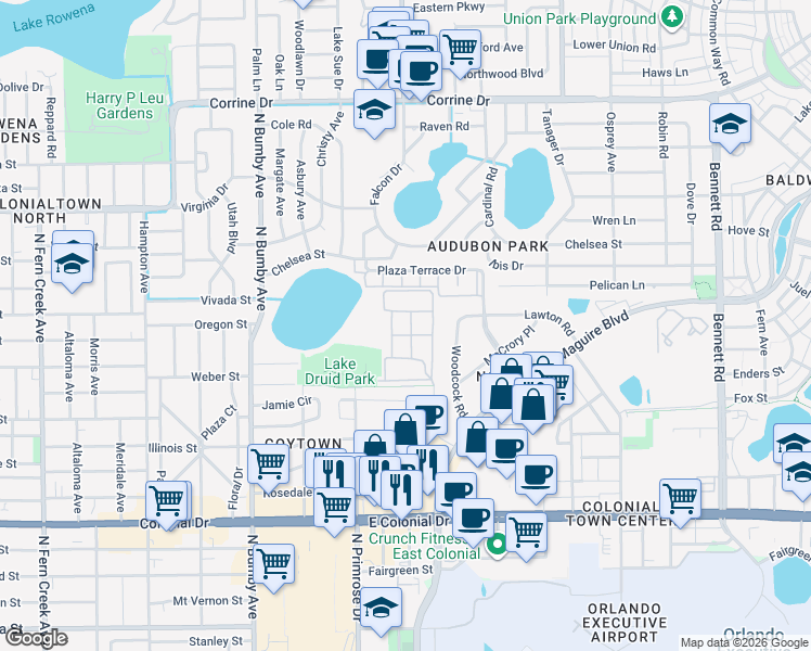 map of restaurants, bars, coffee shops, grocery stores, and more near 958 Warehouse Road in Orlando