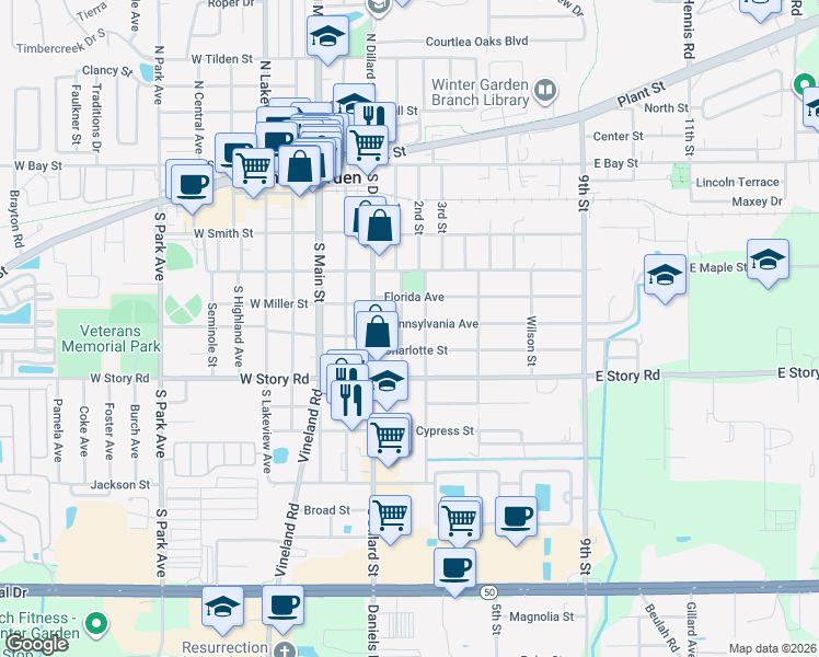 map of restaurants, bars, coffee shops, grocery stores, and more near 132 Pennsylvania Avenue in Winter Garden