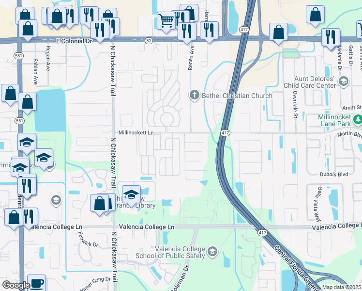 map of restaurants, bars, coffee shops, grocery stores, and more near 1261 Sanderlin Avenue in Orlando
