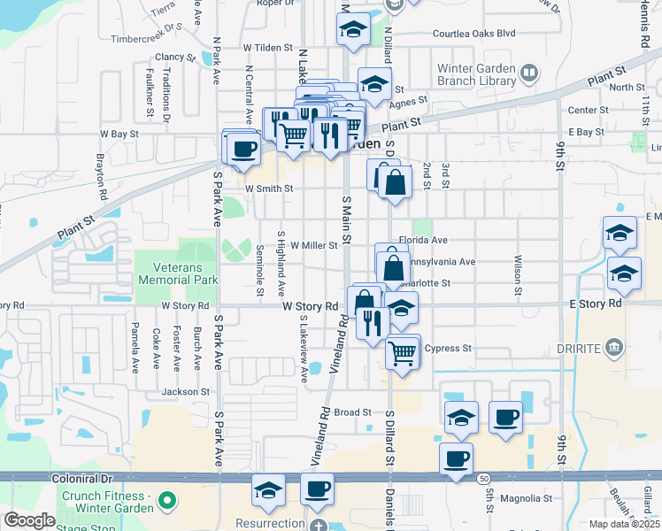 map of restaurants, bars, coffee shops, grocery stores, and more near 19 West Vining Street in Winter Garden