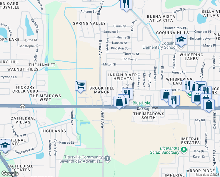 map of restaurants, bars, coffee shops, grocery stores, and more near 4500 Browning Ave in Titusville