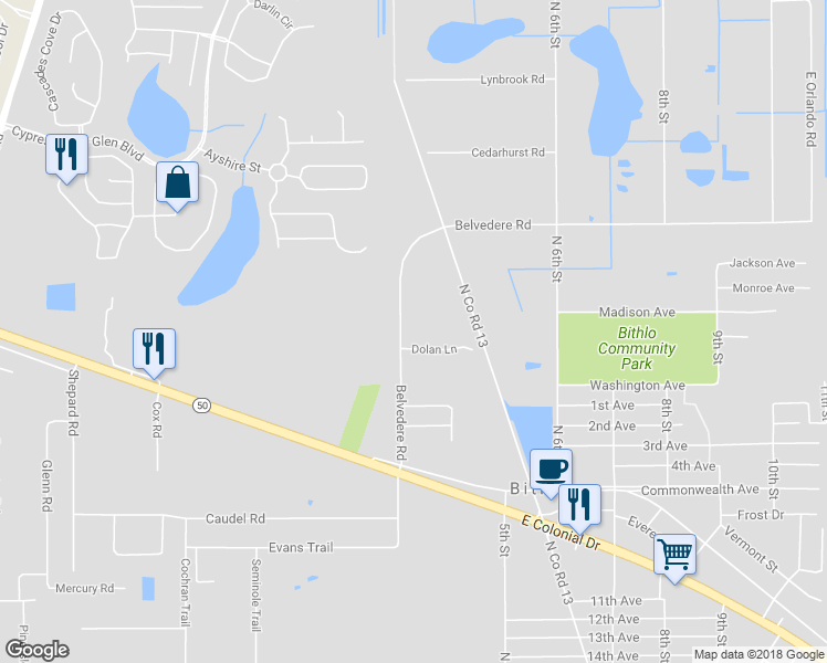 map of restaurants, bars, coffee shops, grocery stores, and more near 999 Belvedere Road in Orlando
