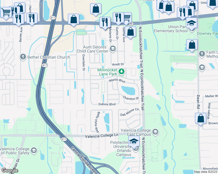 map of restaurants, bars, coffee shops, grocery stores, and more near 1093 Martin Boulevard in Orlando