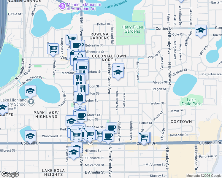 map of restaurants, bars, coffee shops, grocery stores, and more near 1041 North Fern Creek Avenue in Orlando