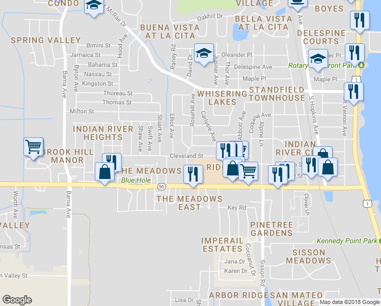 map of restaurants, bars, coffee shops, grocery stores, and more near 900 Cleveland Street in Titusville