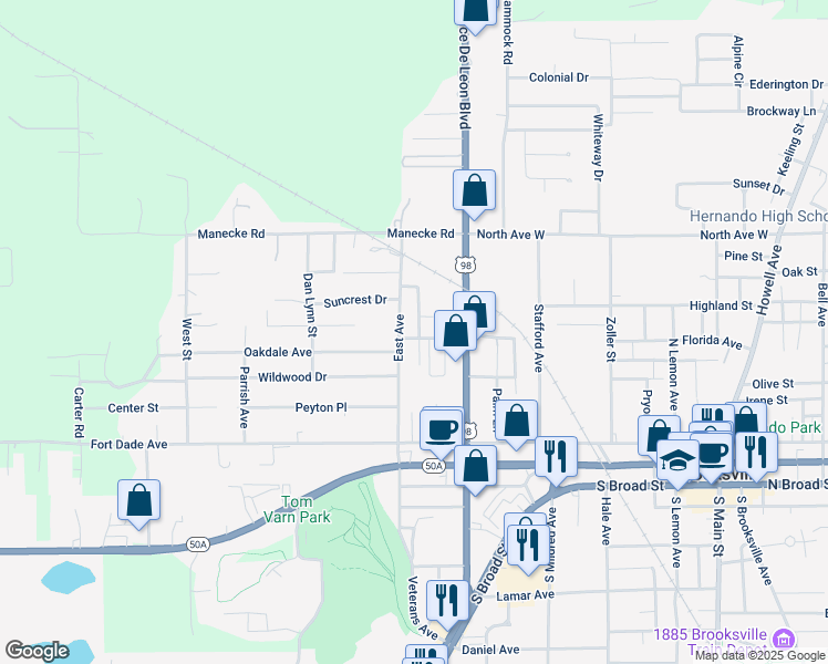 map of restaurants, bars, coffee shops, grocery stores, and more near 507 Sharon Street in Brooksville