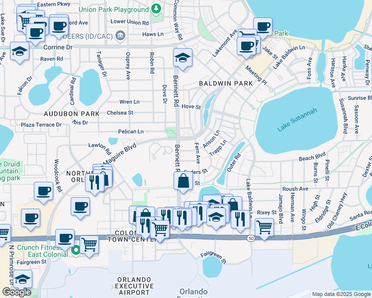 map of restaurants, bars, coffee shops, grocery stores, and more near 4237 Anson Lane in Orlando