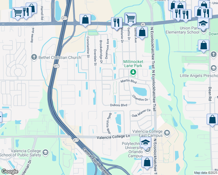 map of restaurants, bars, coffee shops, grocery stores, and more near 9237 Ventana Lane in Orlando
