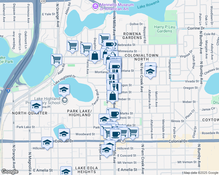 map of restaurants, bars, coffee shops, grocery stores, and more near 1024 North Mills Avenue in Orlando