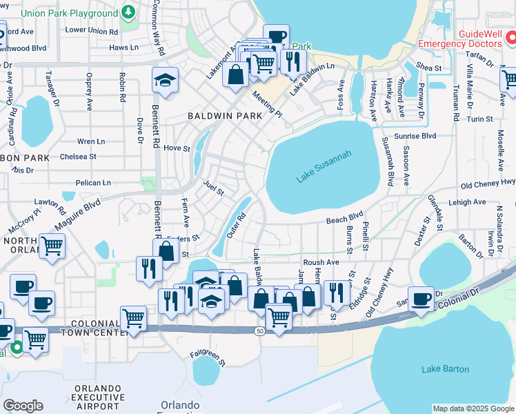 map of restaurants, bars, coffee shops, grocery stores, and more near 976 Lake Baldwin Lane in Orlando