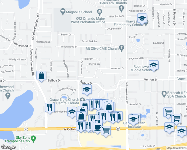 map of restaurants, bars, coffee shops, grocery stores, and more near 7129 Ironwood Drive in Orlando