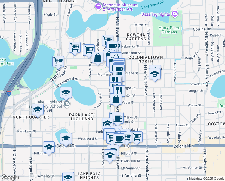 map of restaurants, bars, coffee shops, grocery stores, and more near 1024 North Mills Avenue in Orlando