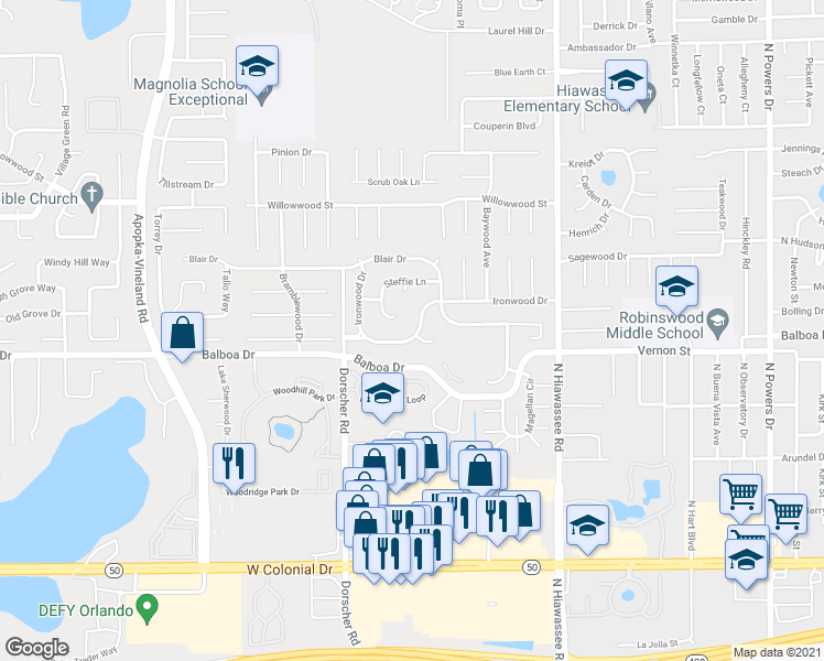 map of restaurants, bars, coffee shops, grocery stores, and more near 7129 Ironwood Drive in Orlando