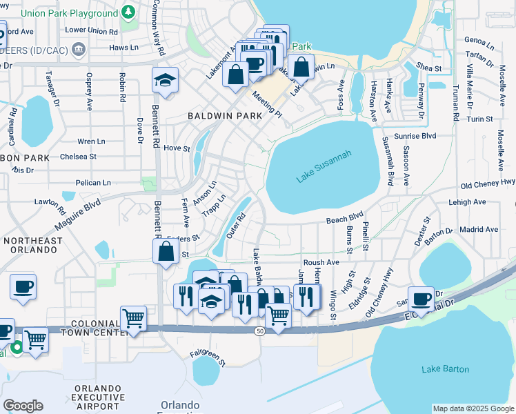 map of restaurants, bars, coffee shops, grocery stores, and more near 976 Lake Baldwin Lane in Orlando