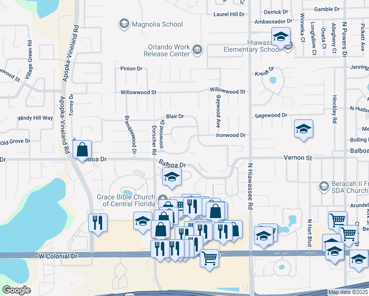 map of restaurants, bars, coffee shops, grocery stores, and more near 7129 Ironwood Drive in Orlando