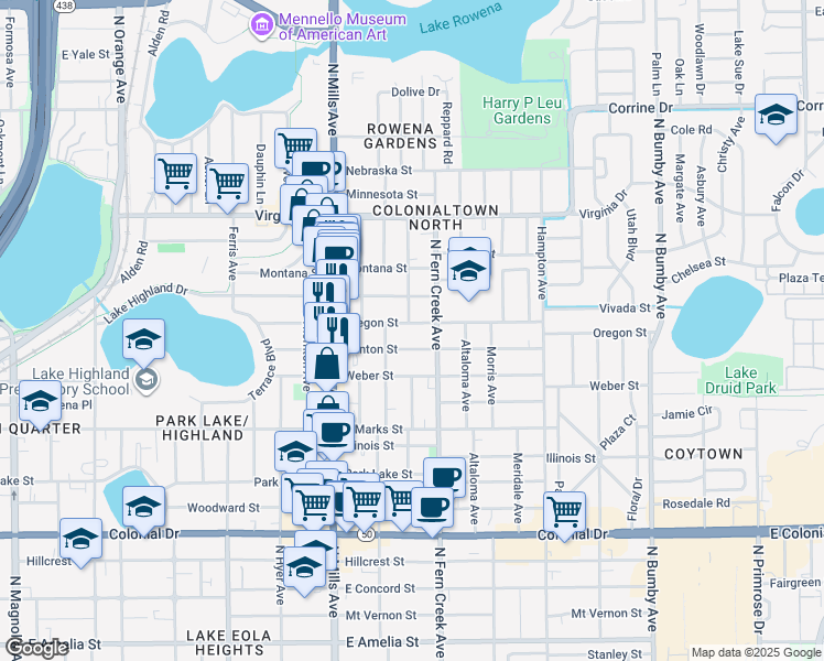 map of restaurants, bars, coffee shops, grocery stores, and more near 1500 Oregon Street in Orlando