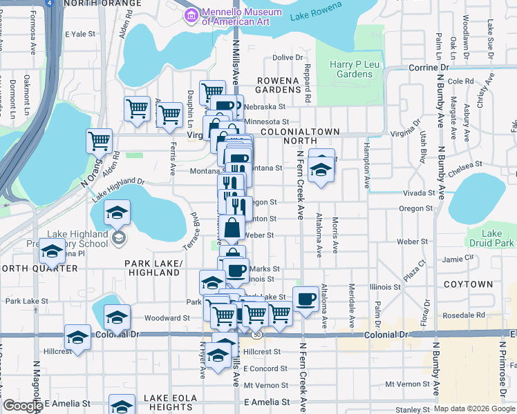 map of restaurants, bars, coffee shops, grocery stores, and more near 1308 Oregon Street in Orlando