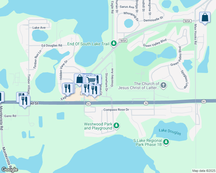 map of restaurants, bars, coffee shops, grocery stores, and more near 1115 Stoneham Drive in Groveland