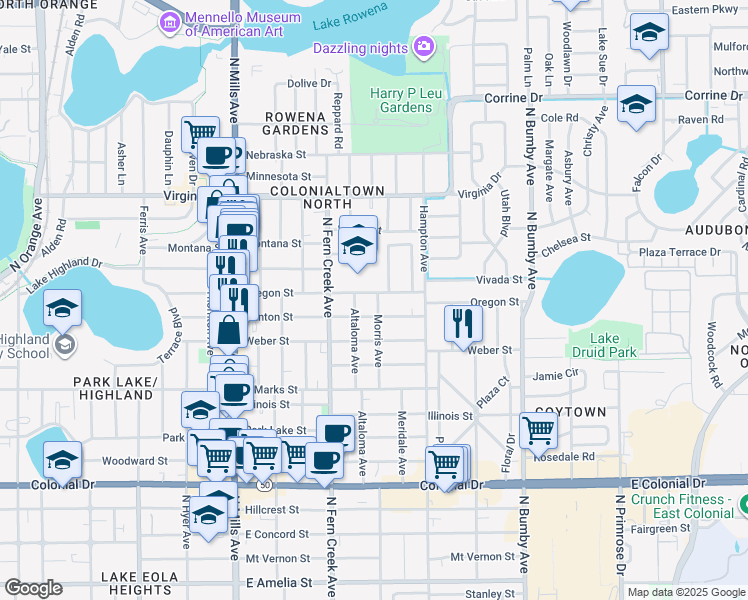 map of restaurants, bars, coffee shops, grocery stores, and more near 1046 Morris Avenue in Orlando