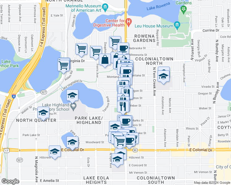 map of restaurants, bars, coffee shops, grocery stores, and more near 912 Oregon Street in Orlando