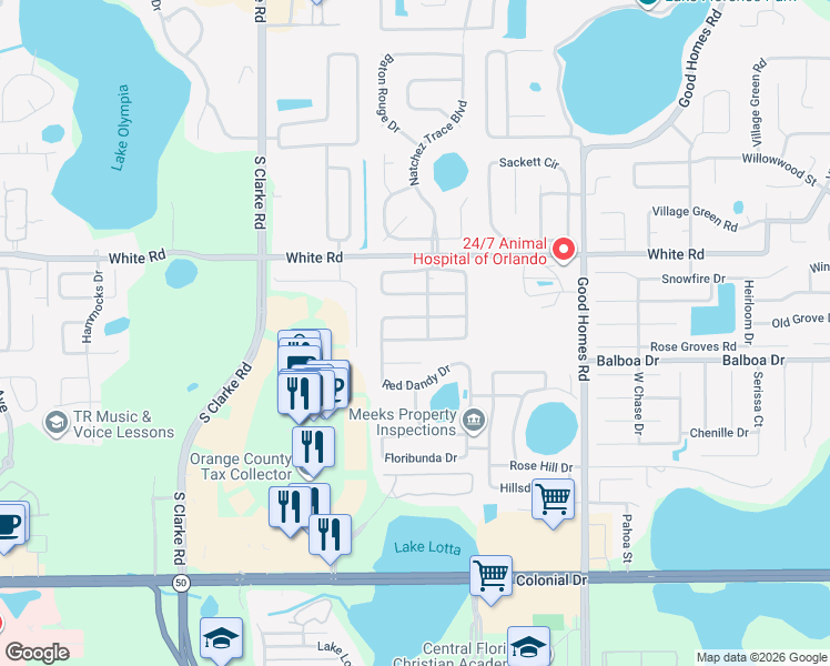 map of restaurants, bars, coffee shops, grocery stores, and more near 1120 Climbing Rose Drive in Orlando
