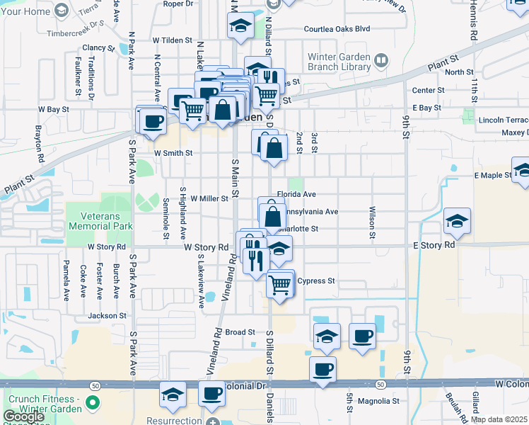map of restaurants, bars, coffee shops, grocery stores, and more near 420 South Dillard Street in Winter Garden