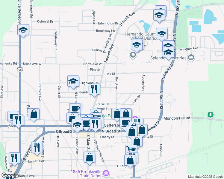 map of restaurants, bars, coffee shops, grocery stores, and more near 34 Alta Vista Street in Brooksville