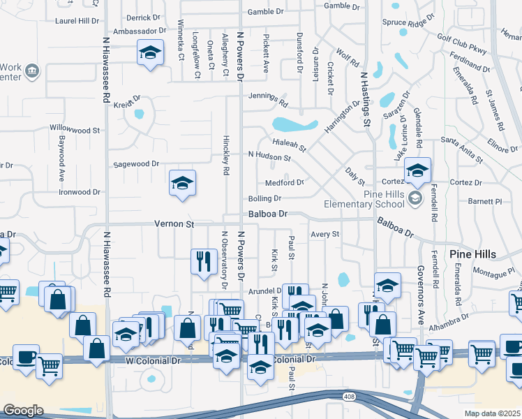 map of restaurants, bars, coffee shops, grocery stores, and more near 6217 Balboa Drive in Orlando