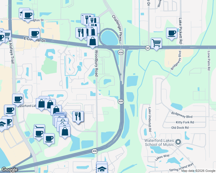map of restaurants, bars, coffee shops, grocery stores, and more near 12901 Waterford Wood Circle in Orlando
