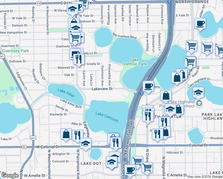 map of restaurants, bars, coffee shops, grocery stores, and more near 396 Lakeview Street in Orlando