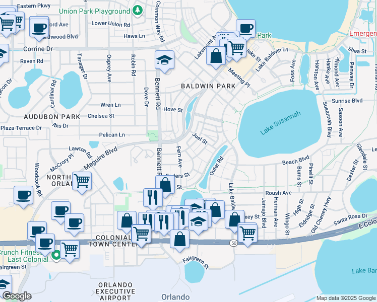 map of restaurants, bars, coffee shops, grocery stores, and more near 4674 Enders Street in Orlando