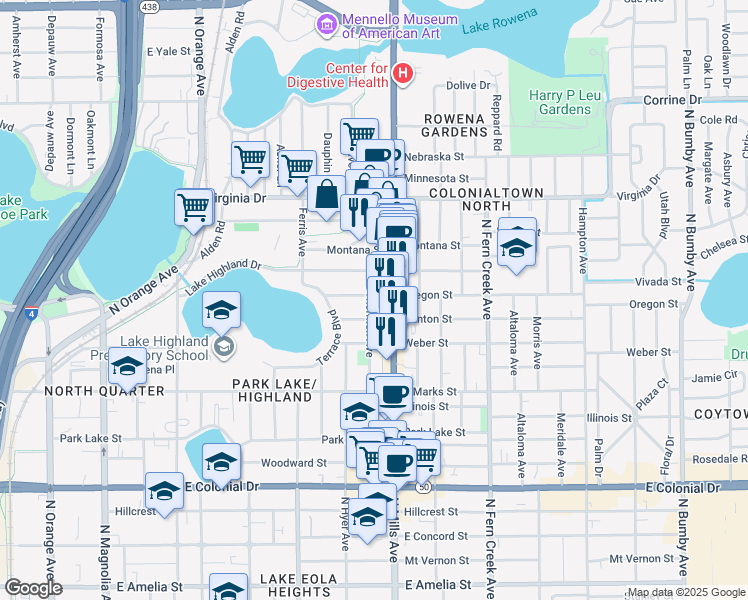 map of restaurants, bars, coffee shops, grocery stores, and more near 912 Oregon Street in Orlando