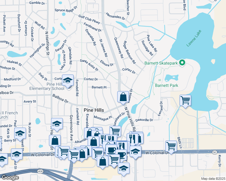 map of restaurants, bars, coffee shops, grocery stores, and more near 1028 North Pine Hills Road in Orlando