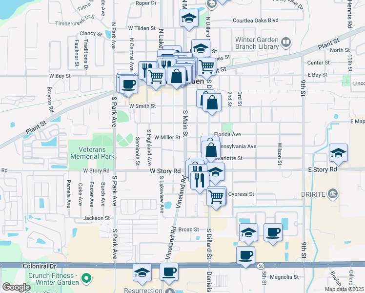 map of restaurants, bars, coffee shops, grocery stores, and more near 19 West Vining Street in Winter Garden