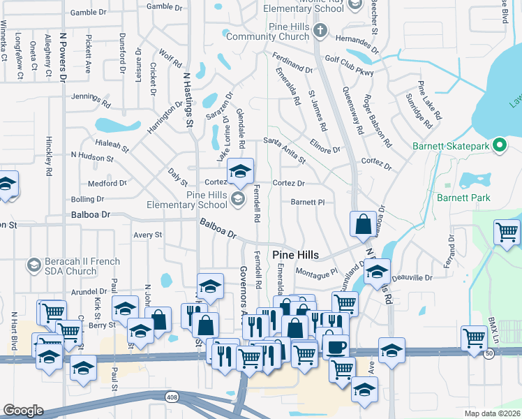 map of restaurants, bars, coffee shops, grocery stores, and more near 1006 Ferndell Road in Orlando