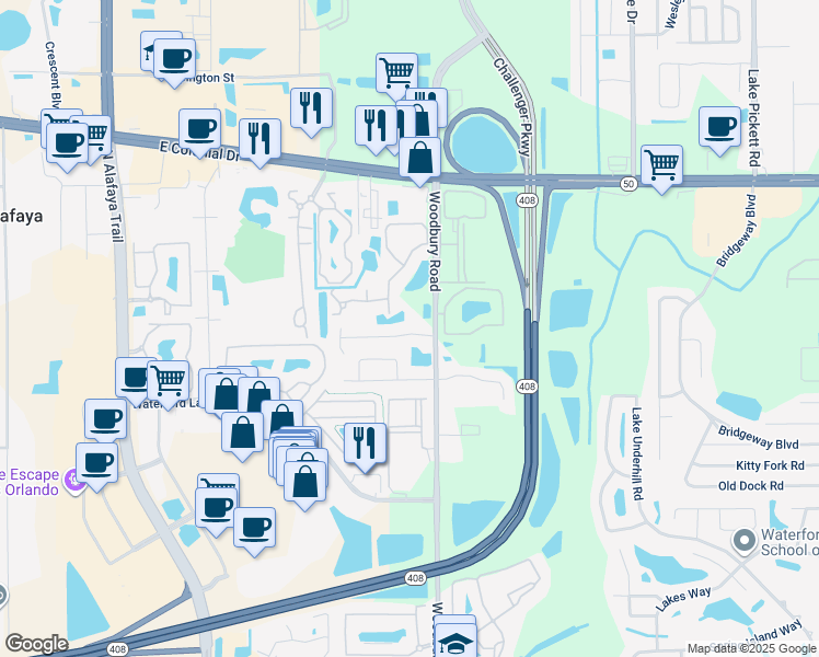 map of restaurants, bars, coffee shops, grocery stores, and more near 12809 Parkbury Drive in Orlando