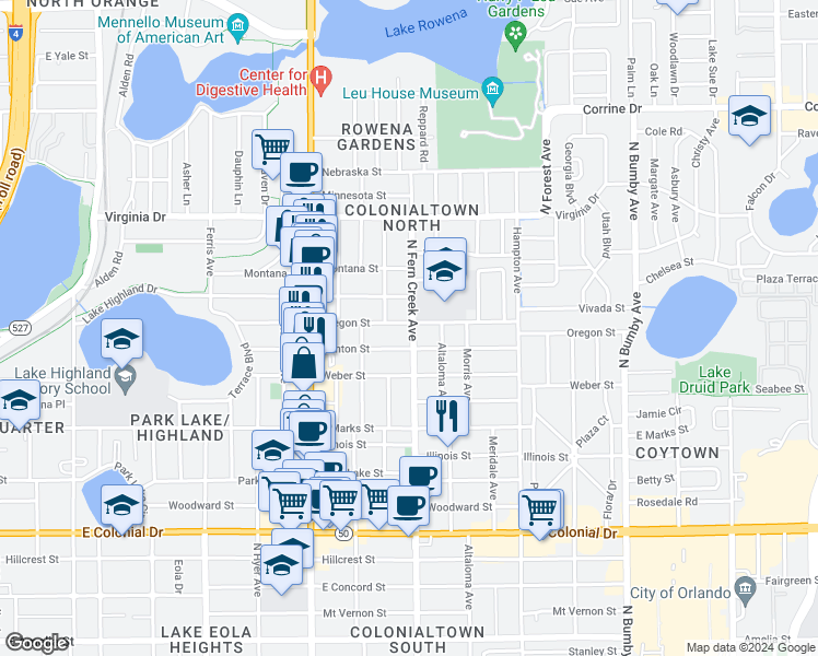 map of restaurants, bars, coffee shops, grocery stores, and more near 1522 Oregon Street in Orlando
