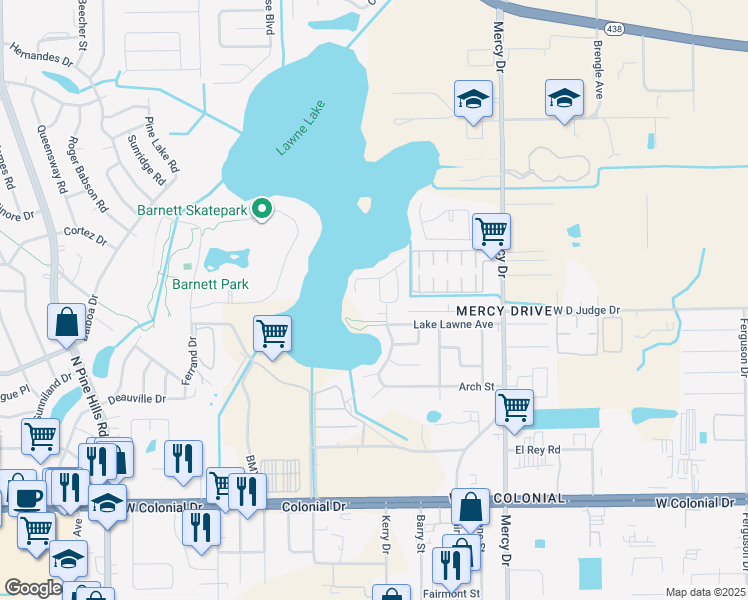 map of restaurants, bars, coffee shops, grocery stores, and more near 1408 Zenith Place in Orlando