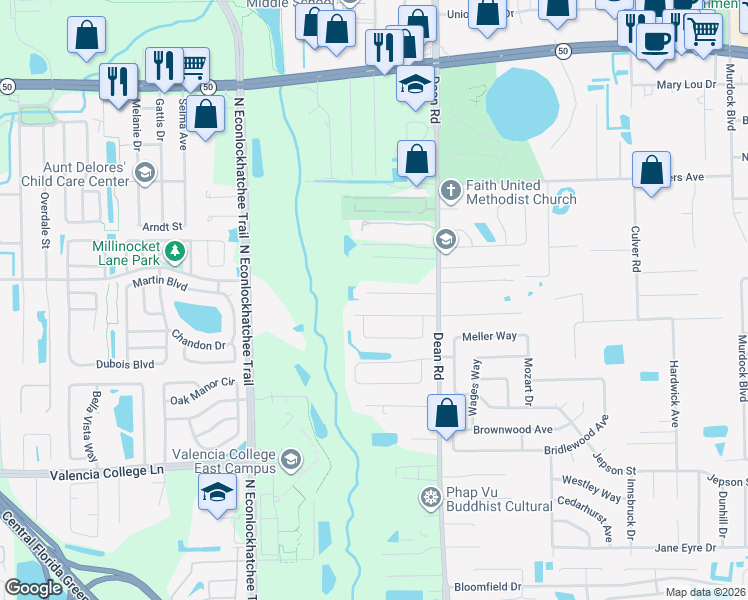 map of restaurants, bars, coffee shops, grocery stores, and more near 9818 Dean Cove Lane in Orlando